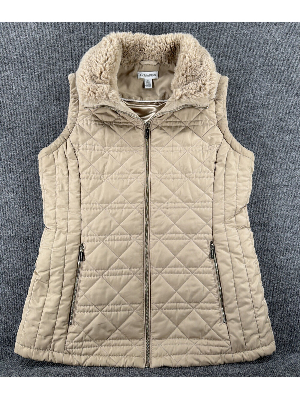 Calvin Klein Faux Fur Collar Quilted Full Zip Vest-Beige-Women's Small